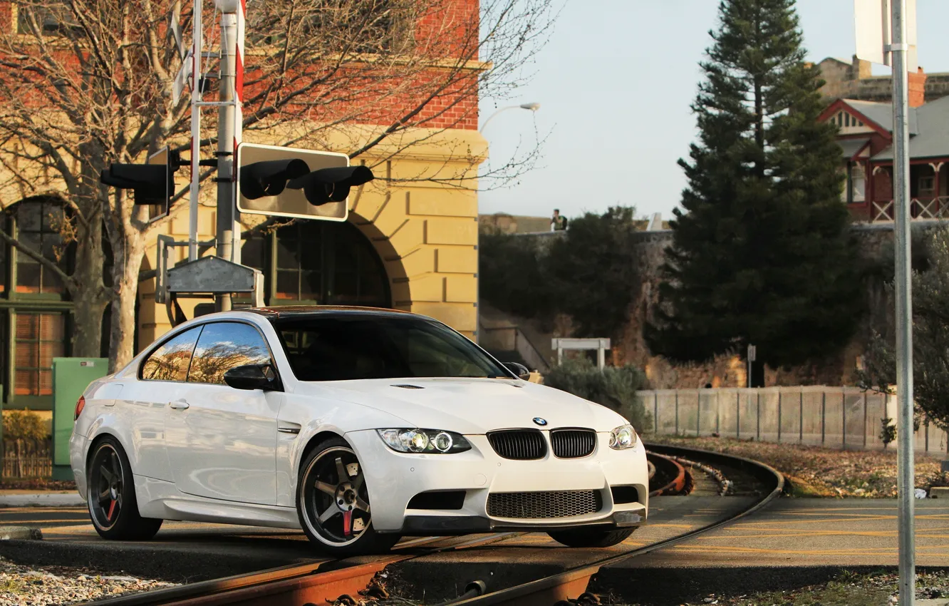 Photo wallpaper white, the sky, trees, black, building, bmw, BMW, coupe