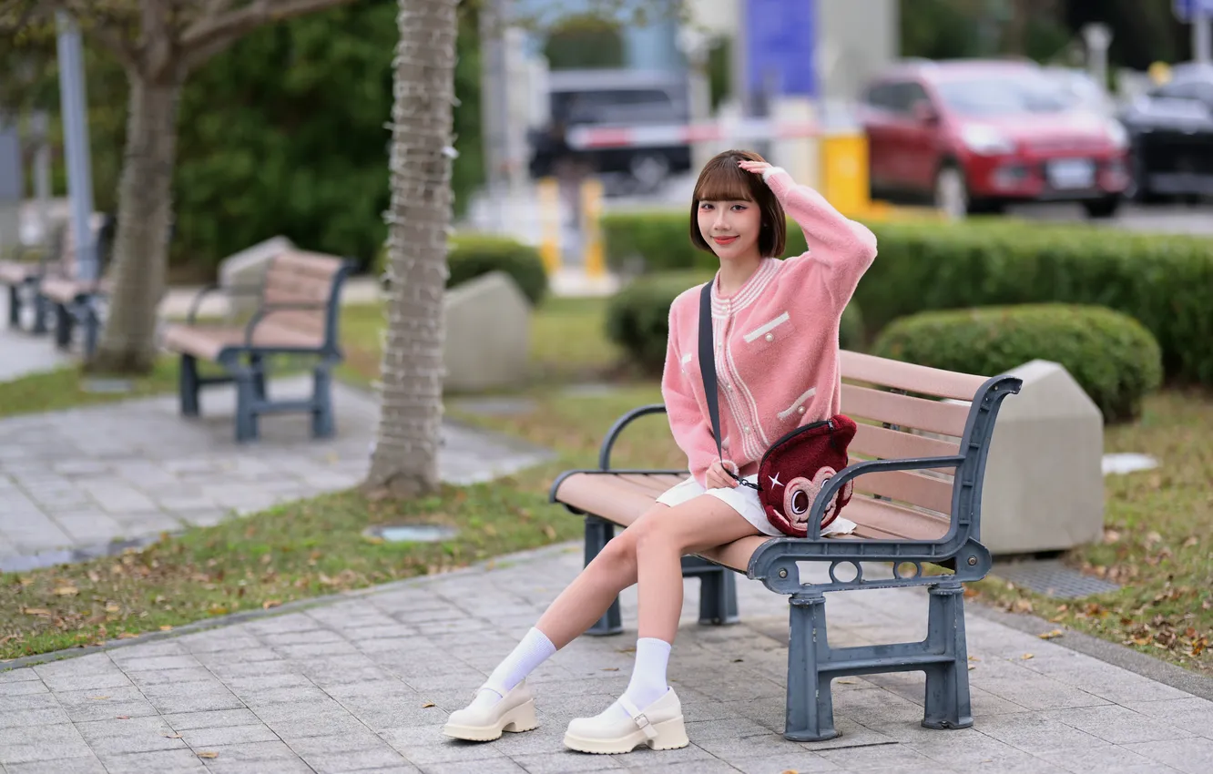 Photo wallpaper girl, bench, handbag, legs, Asian