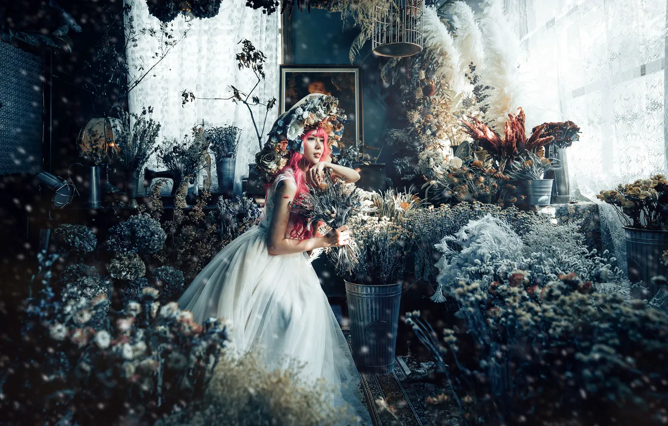 Photo wallpaper look, girl, flowers, room, hat, dress, Asian, Princess