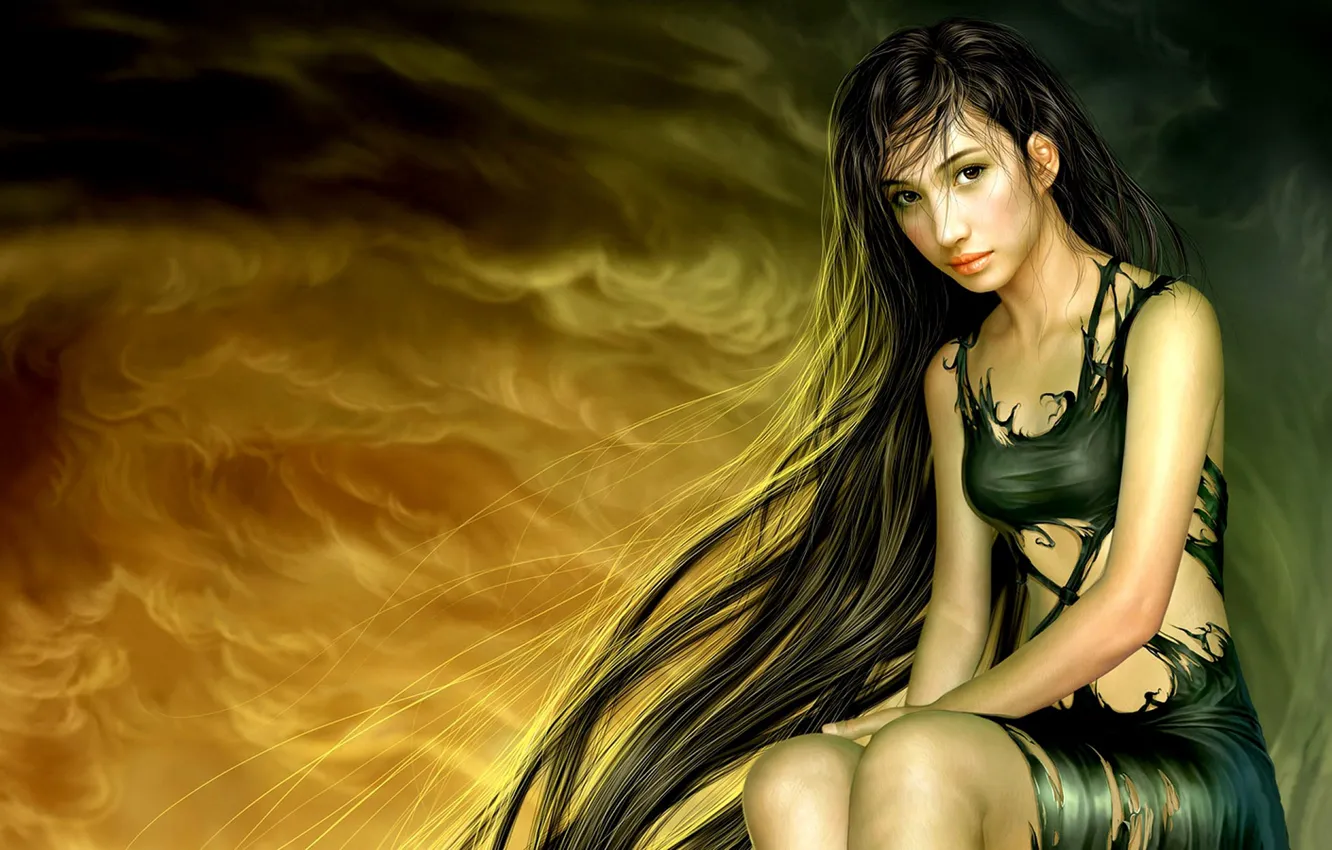 Photo wallpaper girl, long hair, torn clothes