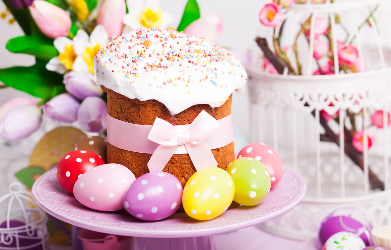 Photo wallpaper eggs, Easter, tulips, cake, cake, cakes, tulips, glaze