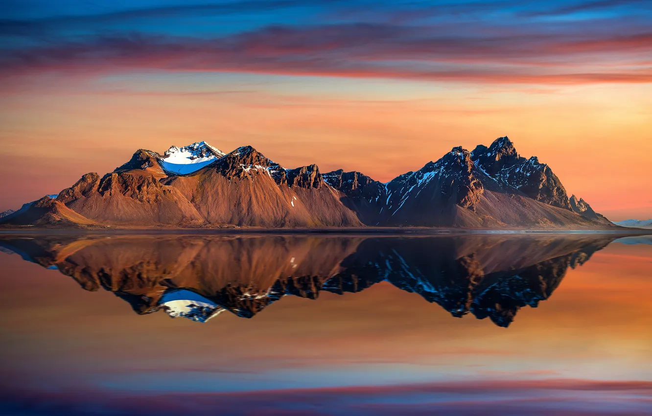 Photo wallpaper nature, sunset, mountains, clouds, orange, reflection, Iceland, Stokksnes