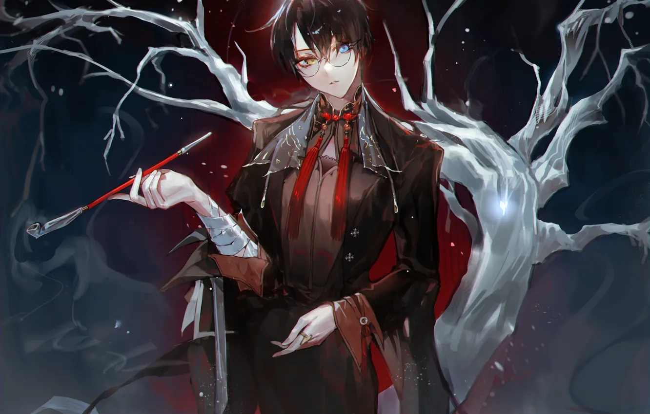 Photo wallpaper trees, night, smoke, mouthpiece, guy, heterochromia, xxxHolic, Kimihiro Watanuki