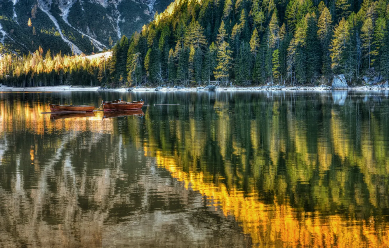 Photo wallpaper forest, lake, boats, Italy, Italy, The Dolomites, South Tyrol, South Tyrol