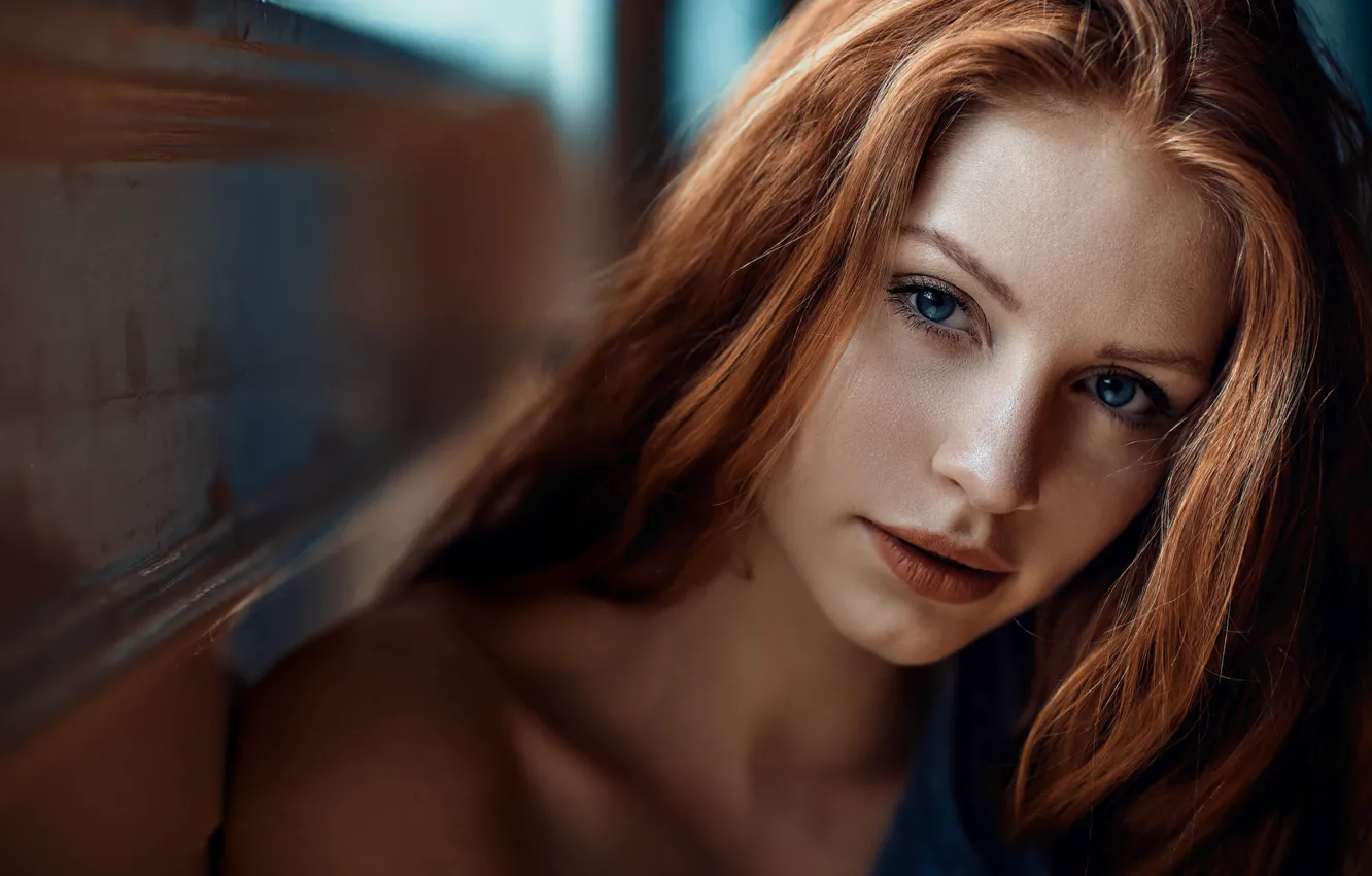 Photo wallpaper girl, Model, long hair, photo, blue eyes, bokeh, face, redhead