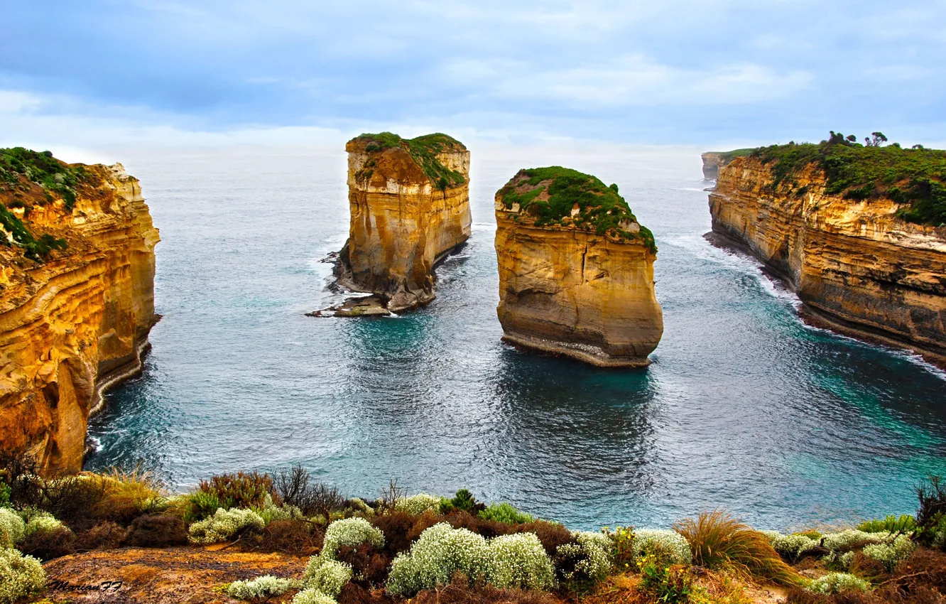Photo wallpaper sea, the sky, clouds, mountains, open, the ocean, rocks, shore
