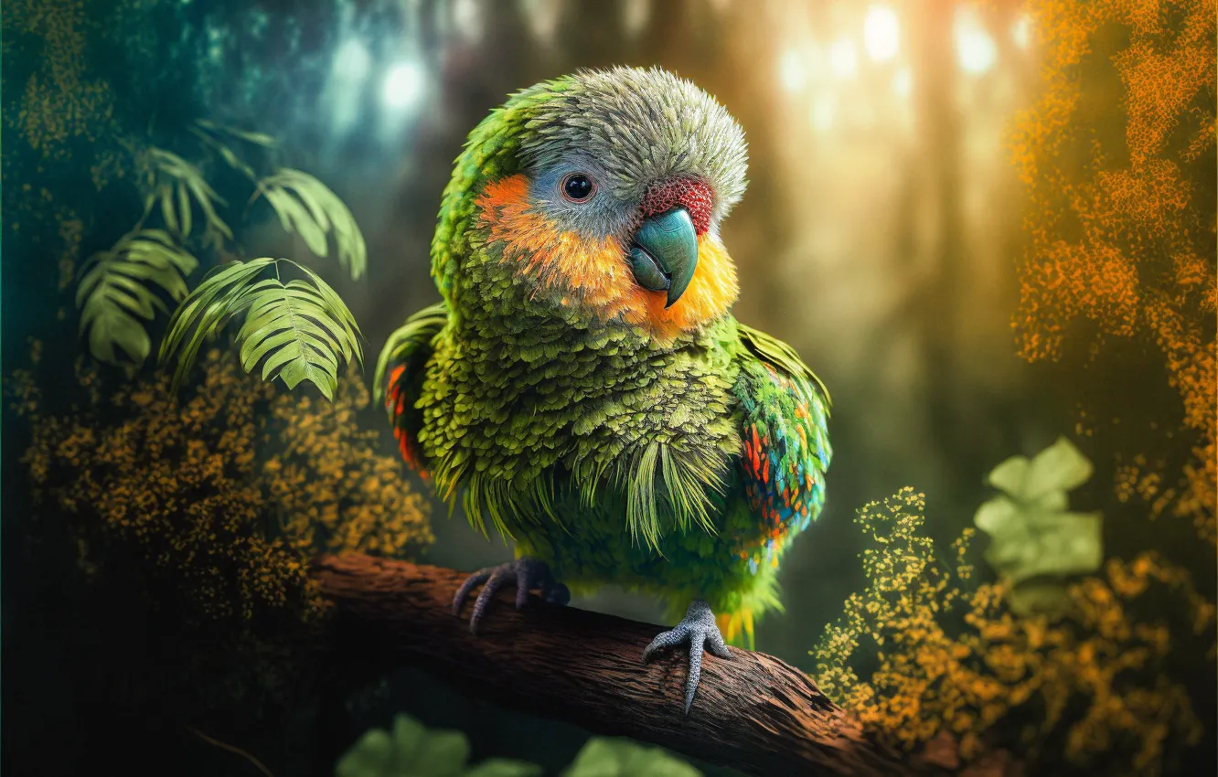 Photo wallpaper forest, nature, rendering, bird, graphics, baby, parrot, cub