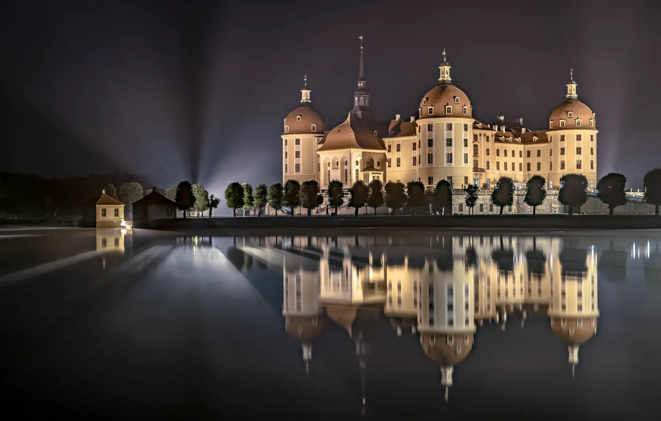 Photo wallpaper night, lights, reflection, castle, Germany, Moritzburg
