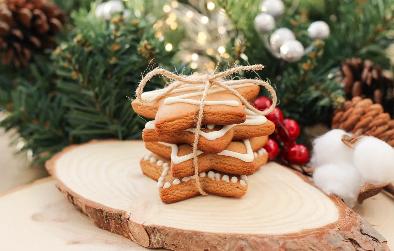 Photo wallpaper winter, holiday, cookies, Christmas, New year, stack, needles, bow