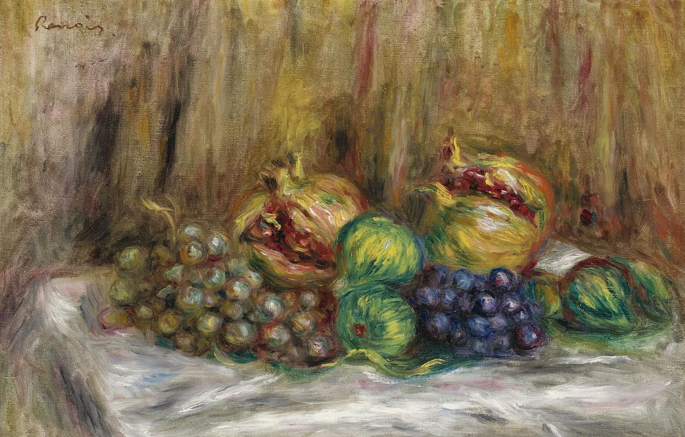 Photo wallpaper food, picture, fruit, Pierre Auguste Renoir, Pierre Auguste Renoir, Still life with pomegranates and Figs …