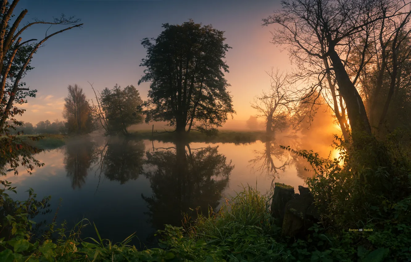 Photo wallpaper landscape, nature, river, dawn, morning, Poland