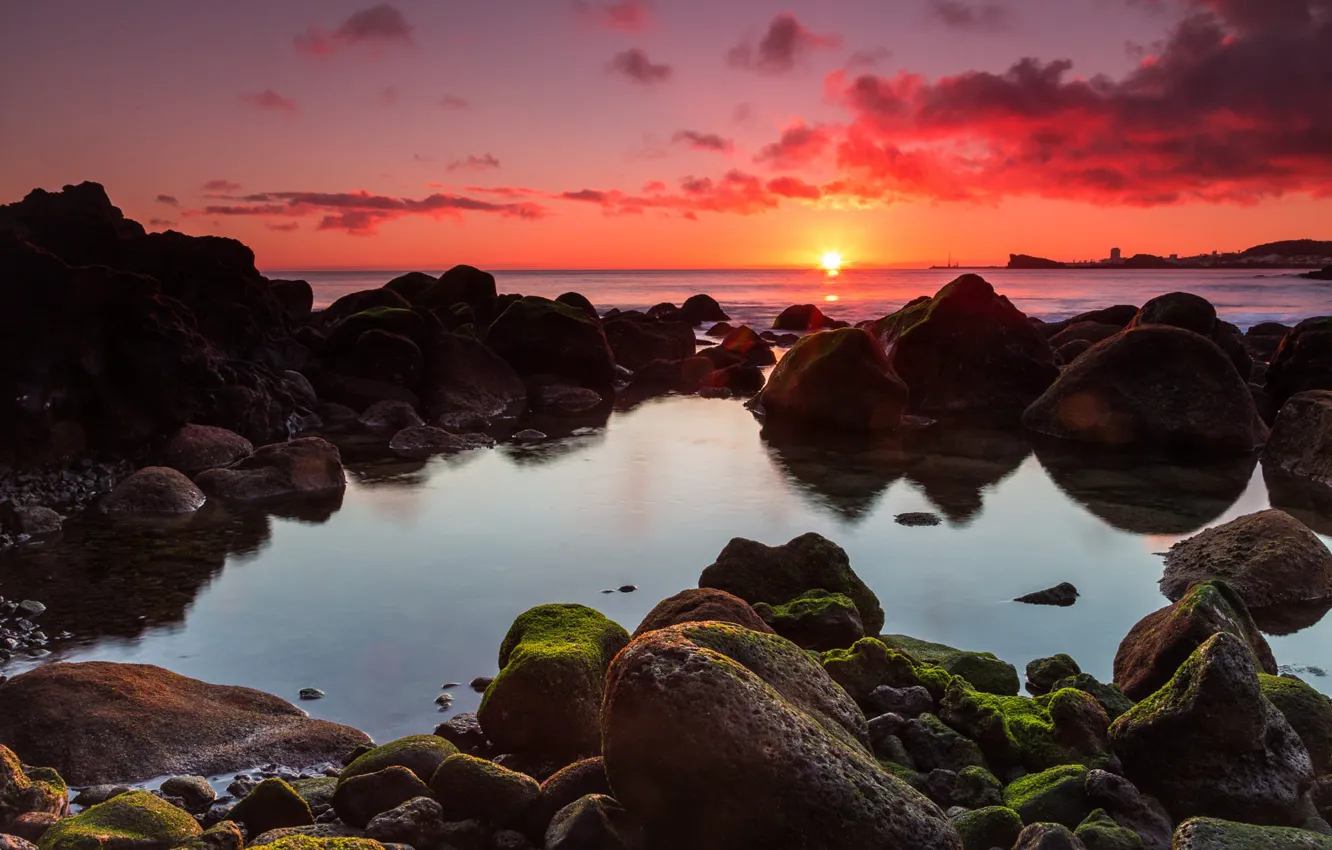Photo wallpaper the sun, landscape, sunset, nature, stones, the ocean, Portugal, Azores