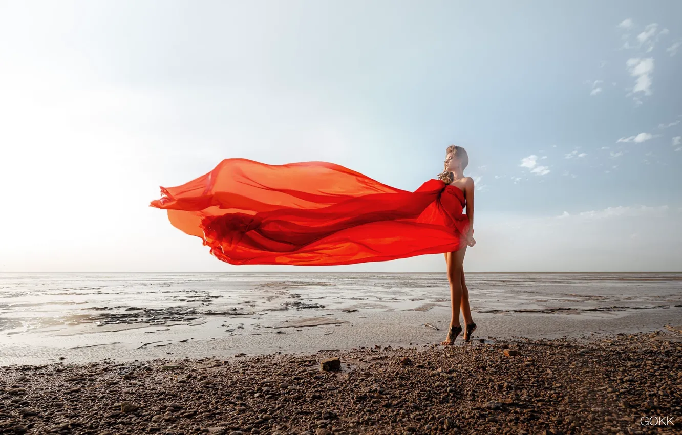 Photo wallpaper sea, beach, the sky, the sun, pose, the wind, model, makeup