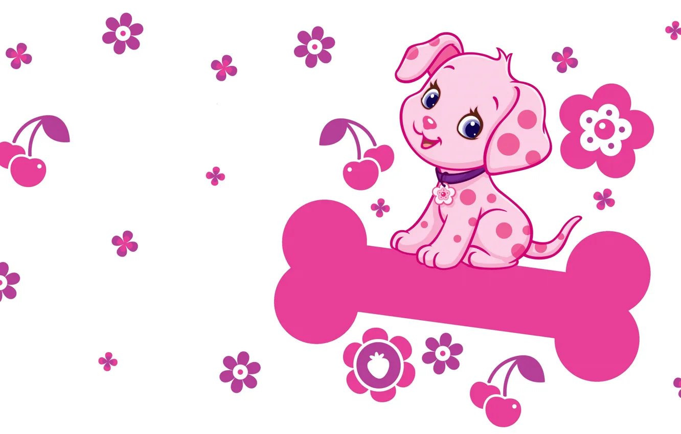 Photo wallpaper flowers, mood, bone, puppy, dog, children's, Charlotte strawberry, Cinnapup