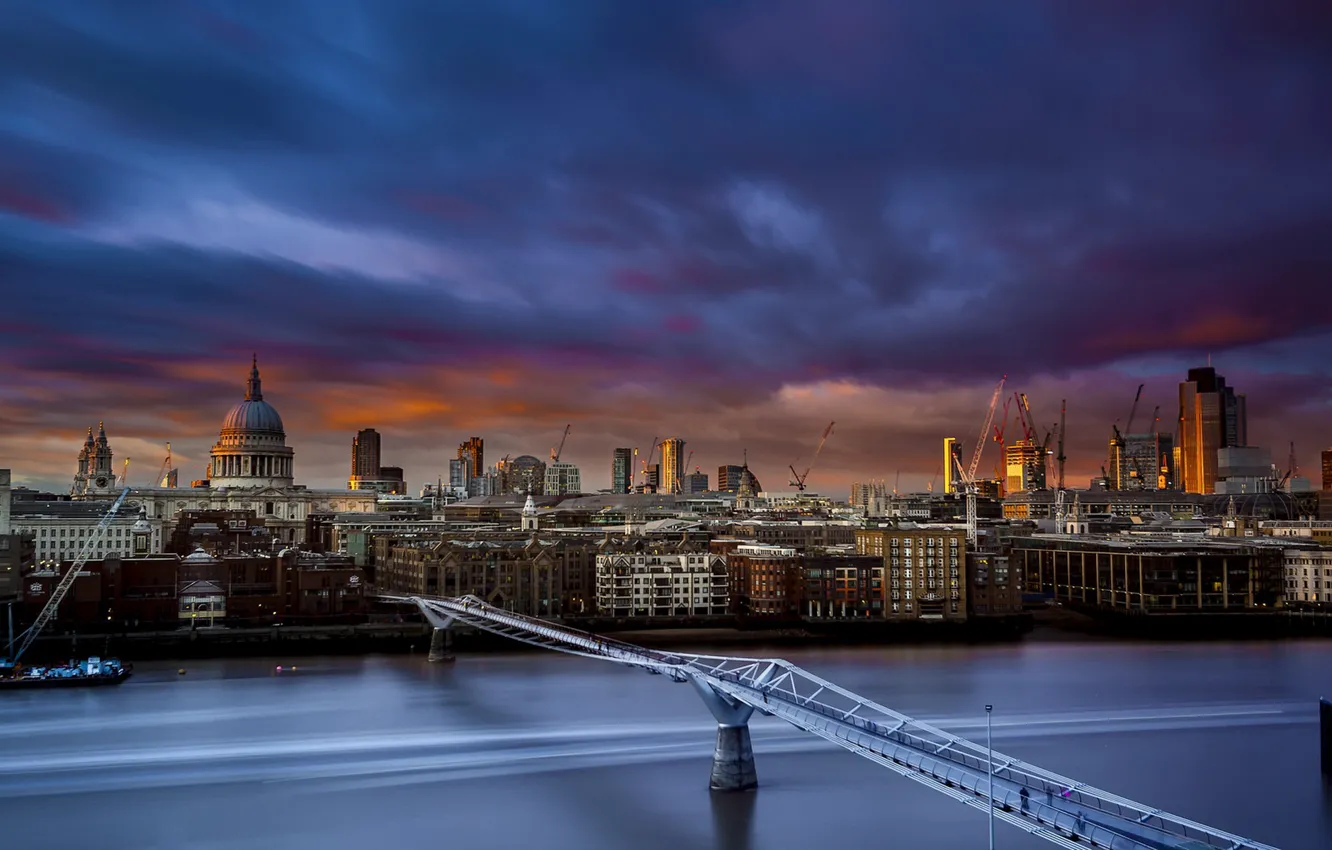 Photo wallpaper Sunset, London, Millennium Bridge, St Paul's Cathedral, River Thames