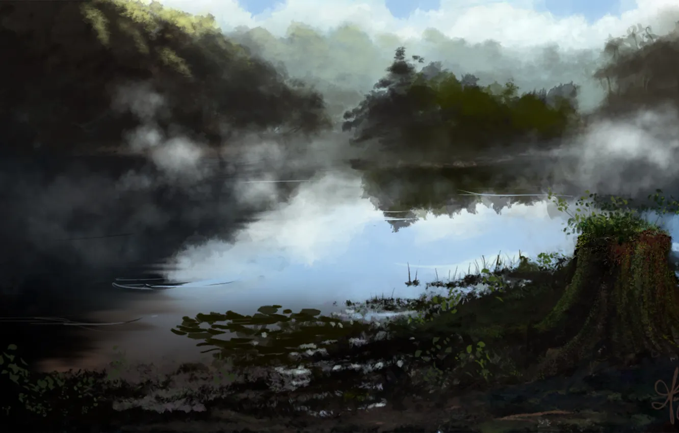 Photo wallpaper trees, fog, lake, pond, stump, plants, morning, art