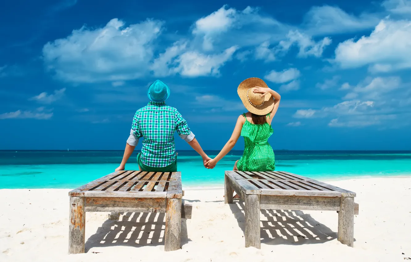 Photo wallpaper sea, beach, tropics, palm trees, pair, walk, beach, sea