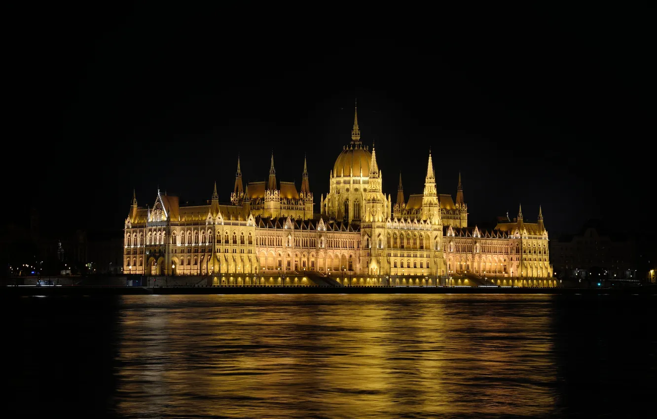 Photo wallpaper water, night, lights, reflection, river, capital, Hungary, Budapest