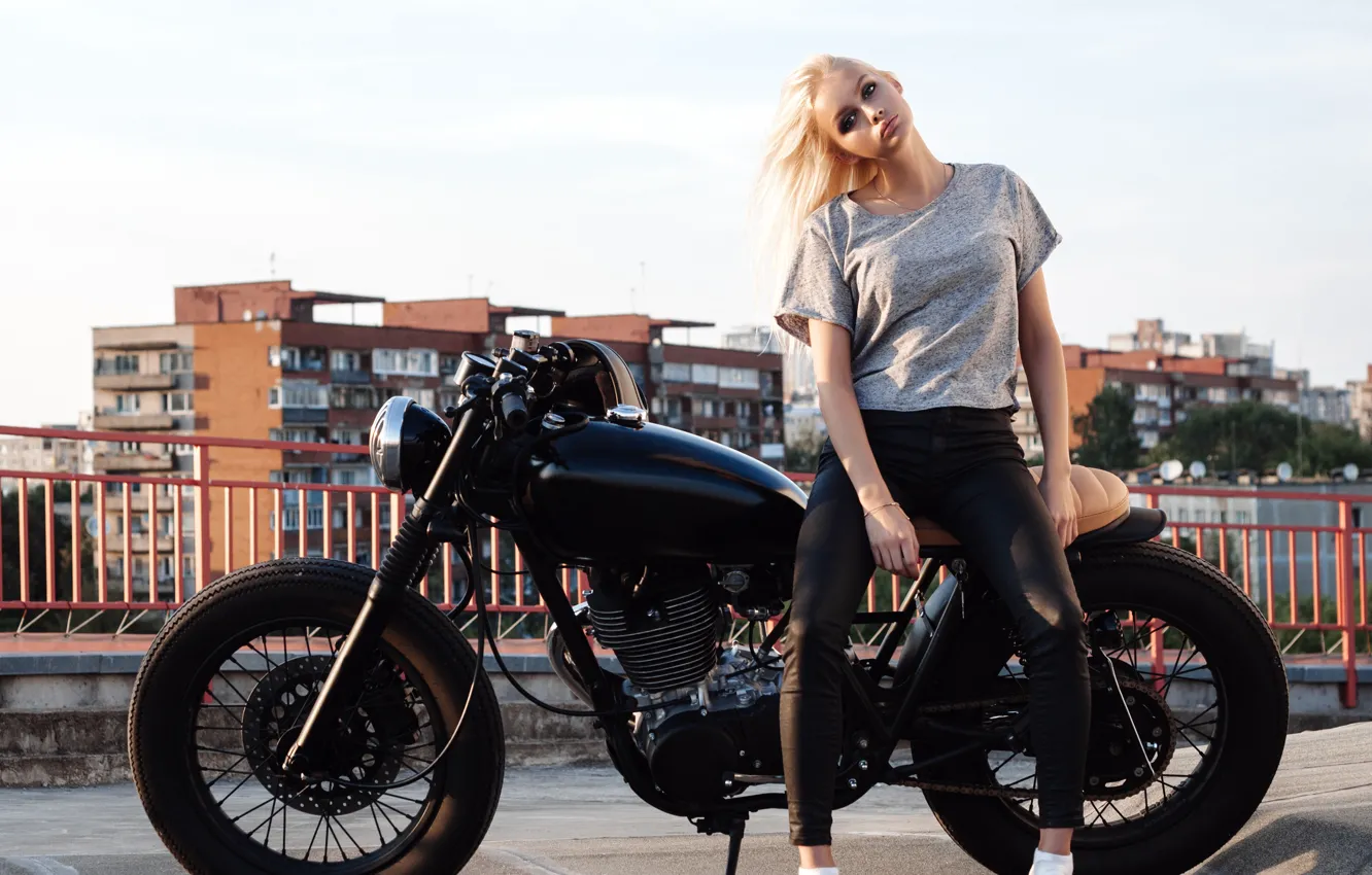 Photo wallpaper black, sneakers, home, t-shirt, blonde, motorcycle, biker, bike