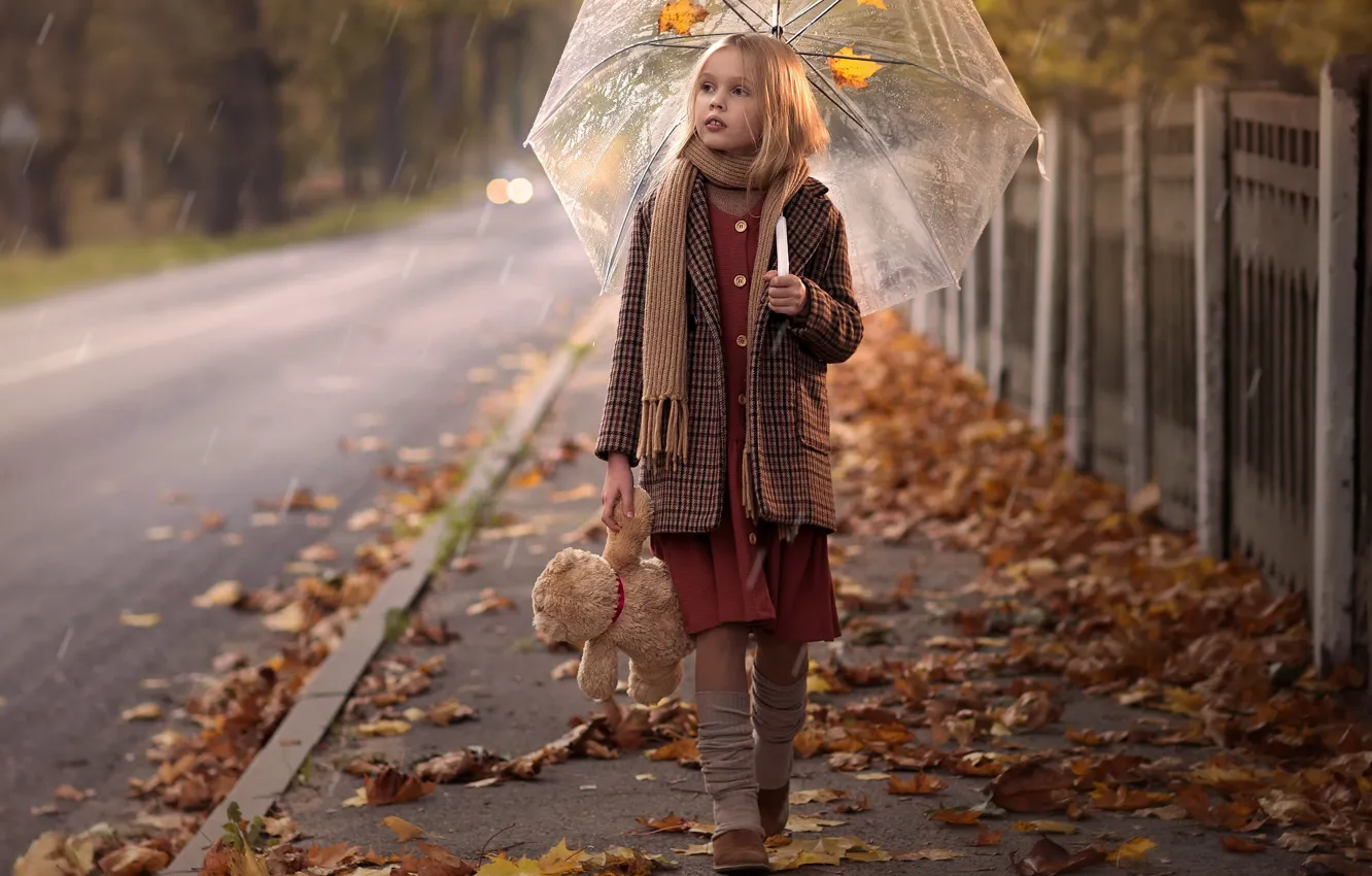Photo wallpaper autumn, umbrella, girl