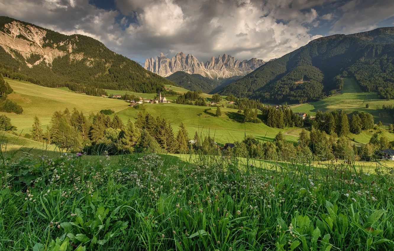 Photo wallpaper grass, trees, mountains, field, valley, Italy, houses, Italy