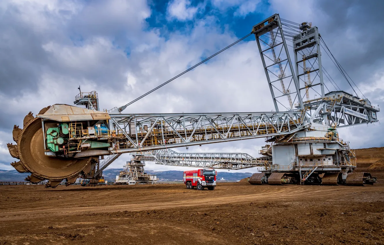 Photo wallpaper fire truck, excavator, coal mine