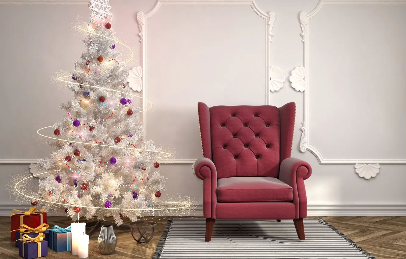 Photo wallpaper lights, rendering, room, holiday, toys, interior, chair, candles