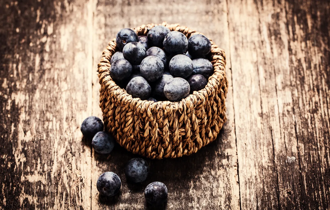 Photo wallpaper Board, blueberries, berry, basket, bokeh