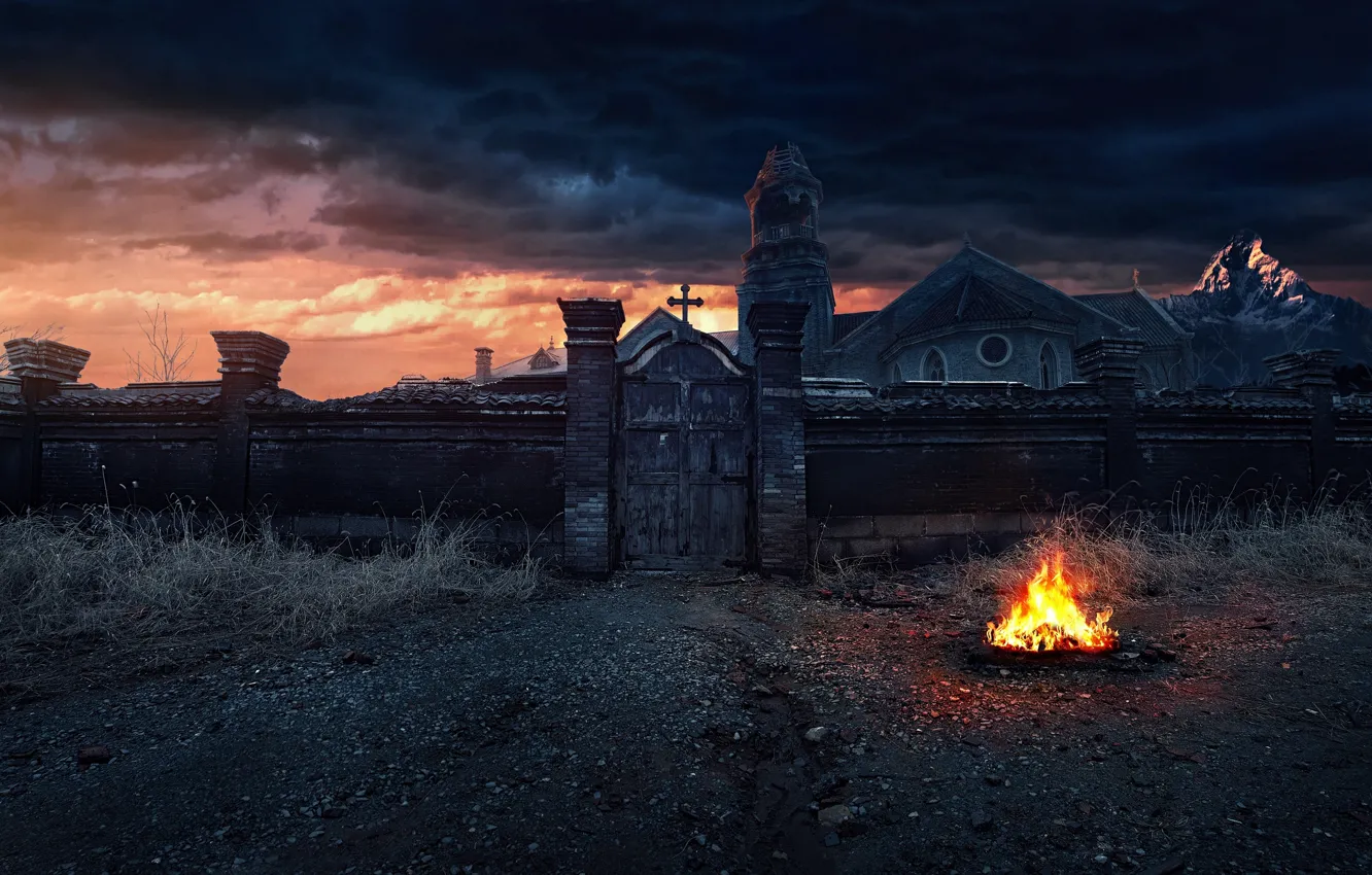 Photo wallpaper the fence, cross, gate, the fire