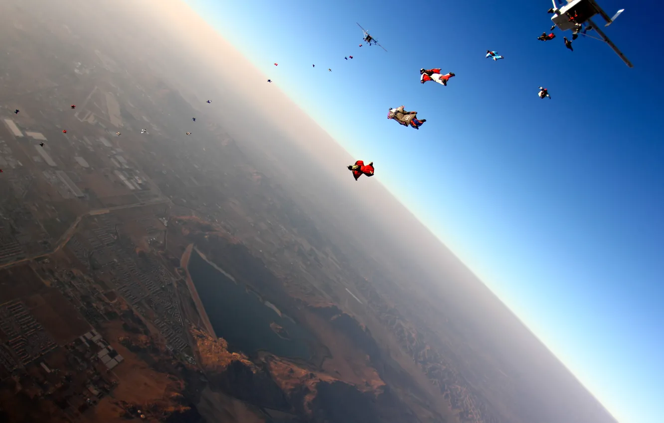 Photo wallpaper flight, the city, the plane, jump, skydivers