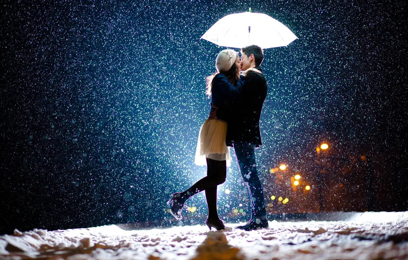 Photo wallpaper girl, snow, love, umbrella, guy