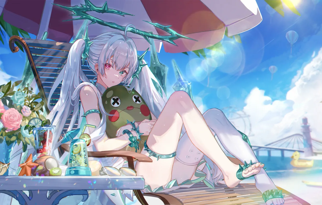 Photo wallpaper flowers, toy, Luna, Punishing: Gray Raven, KANOSE, beach, girl, summer