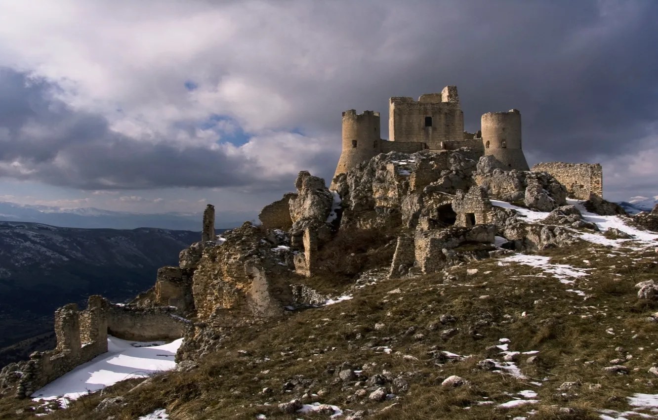 Photo wallpaper winter, the sky, clouds, snow, mountains, clouds, Italy, ruins