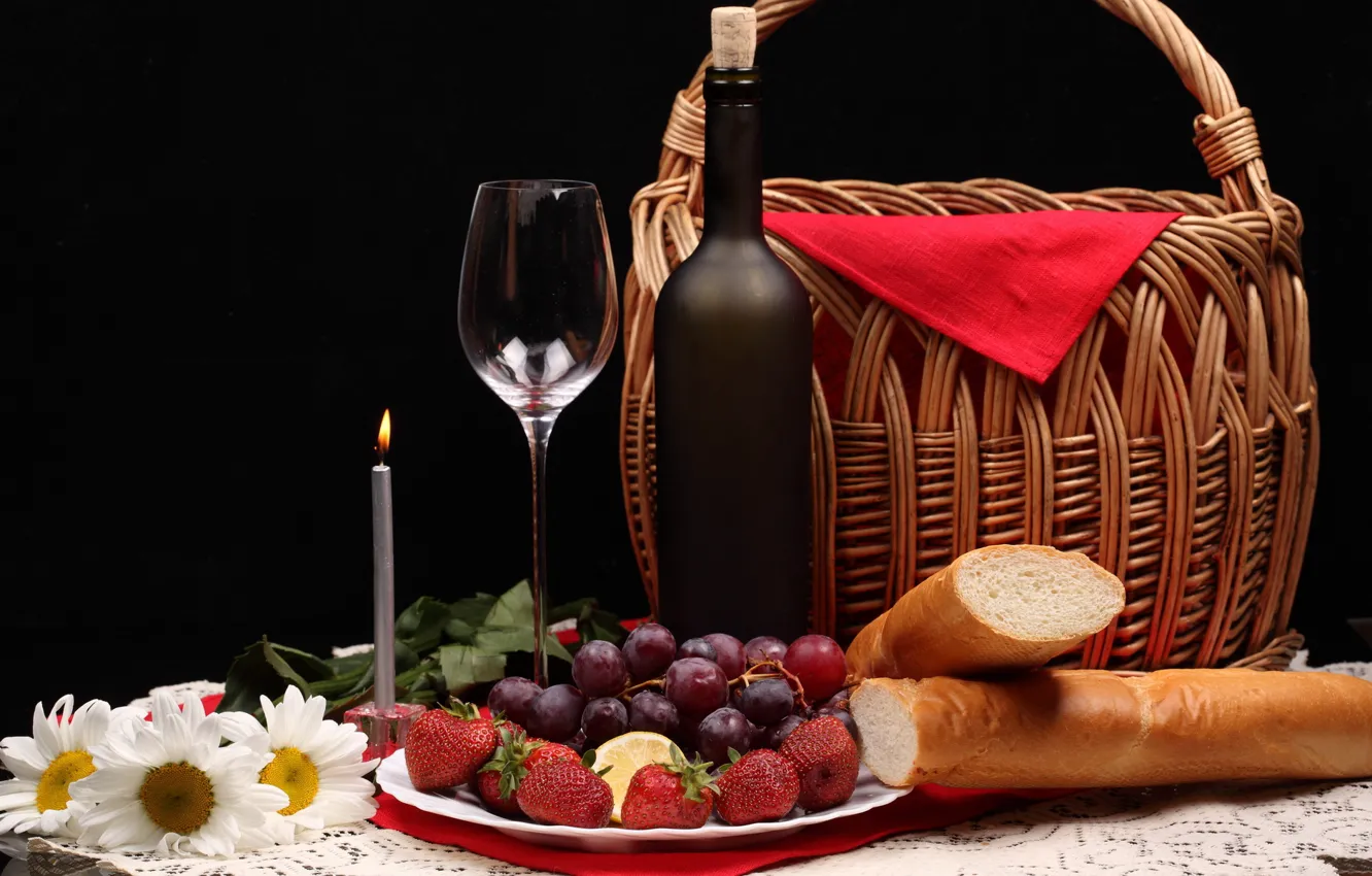 Photo wallpaper flowers, berries, basket, bottle, chamomile, strawberry, bread, grapes