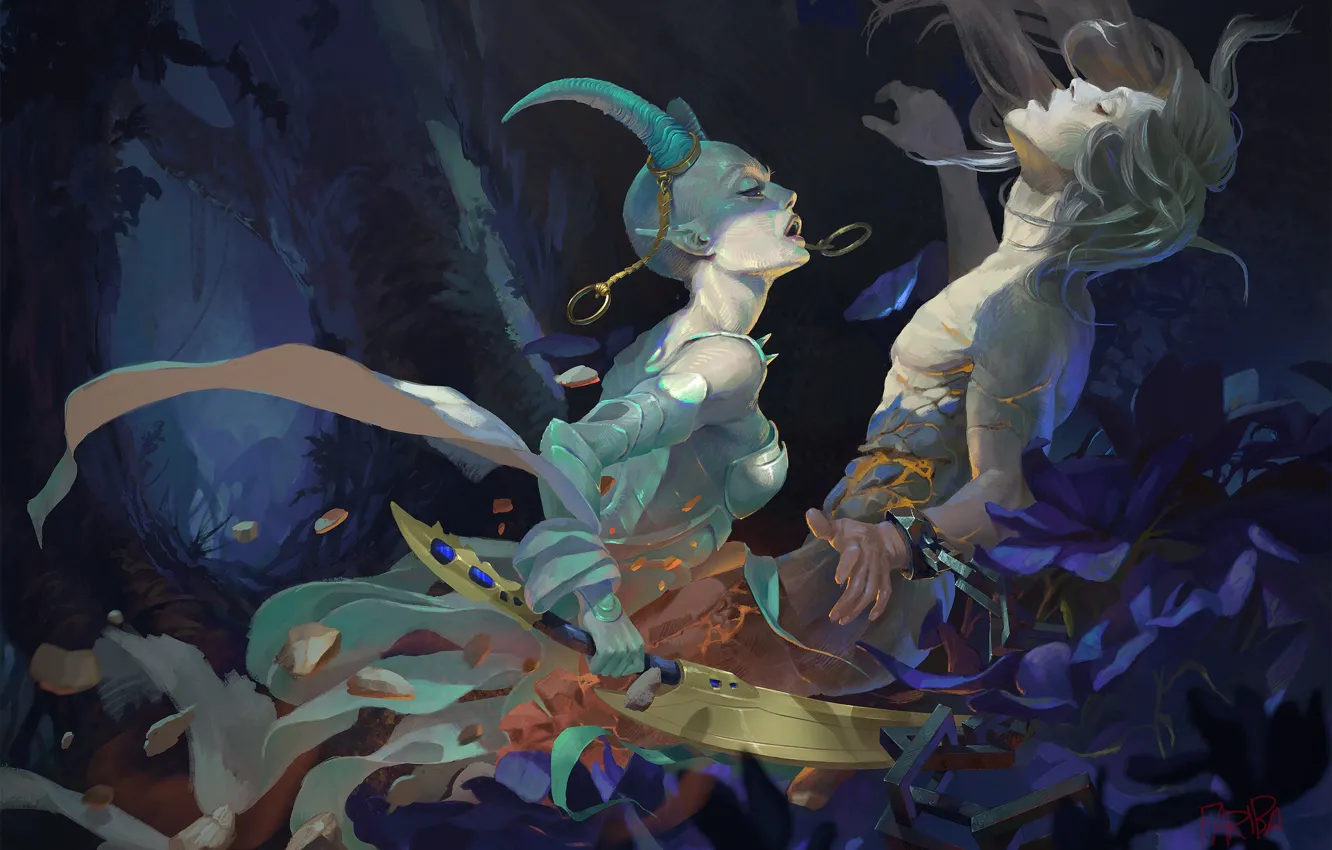 Photo wallpaper magic, sword, horns, guy, demoness, art, closed eyes, in the woods