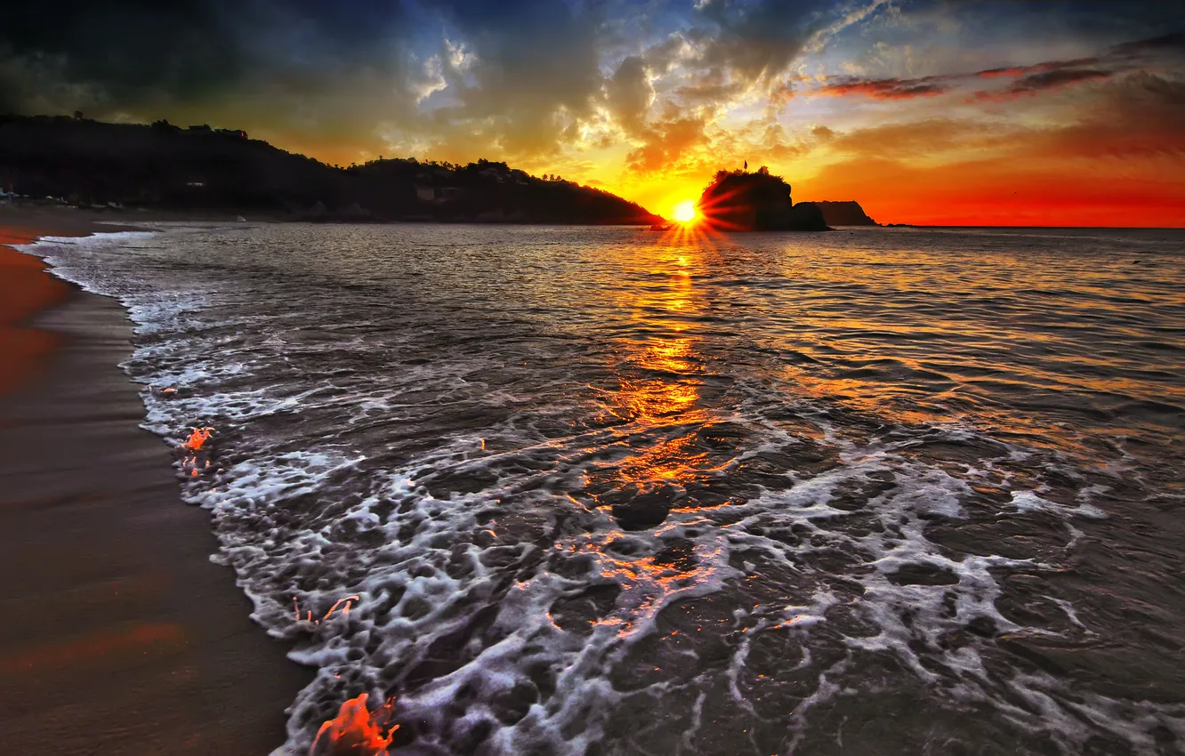 Photo wallpaper Sunset, Water, Sea, Beach, Foam