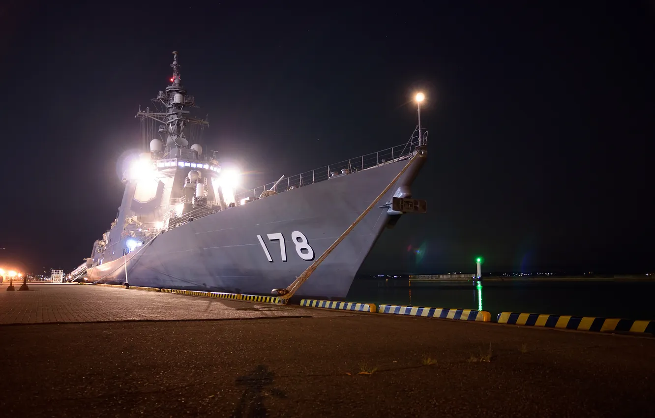 Photo wallpaper lights, the evening, pier, warship