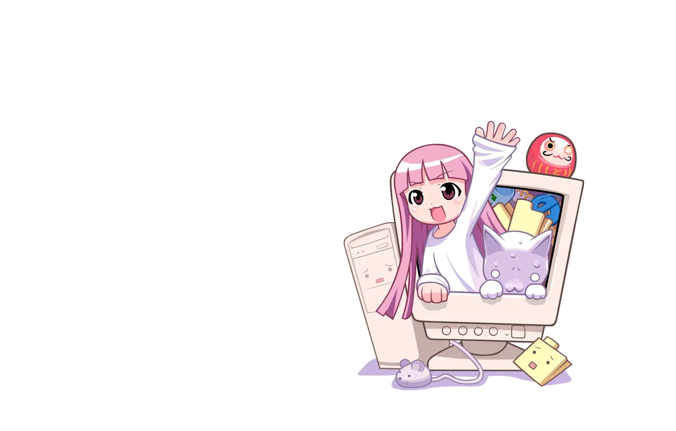 Photo wallpaper computer, girl, white background, pink hair, greeting, white cat, hands up, the computer mouse