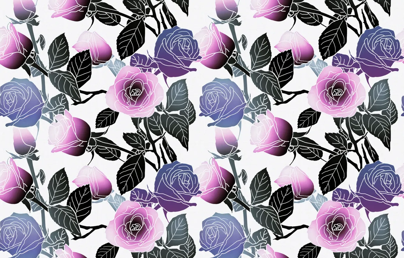 Photo wallpaper white, leaves, flowers, background, pattern, roses, vector, pink