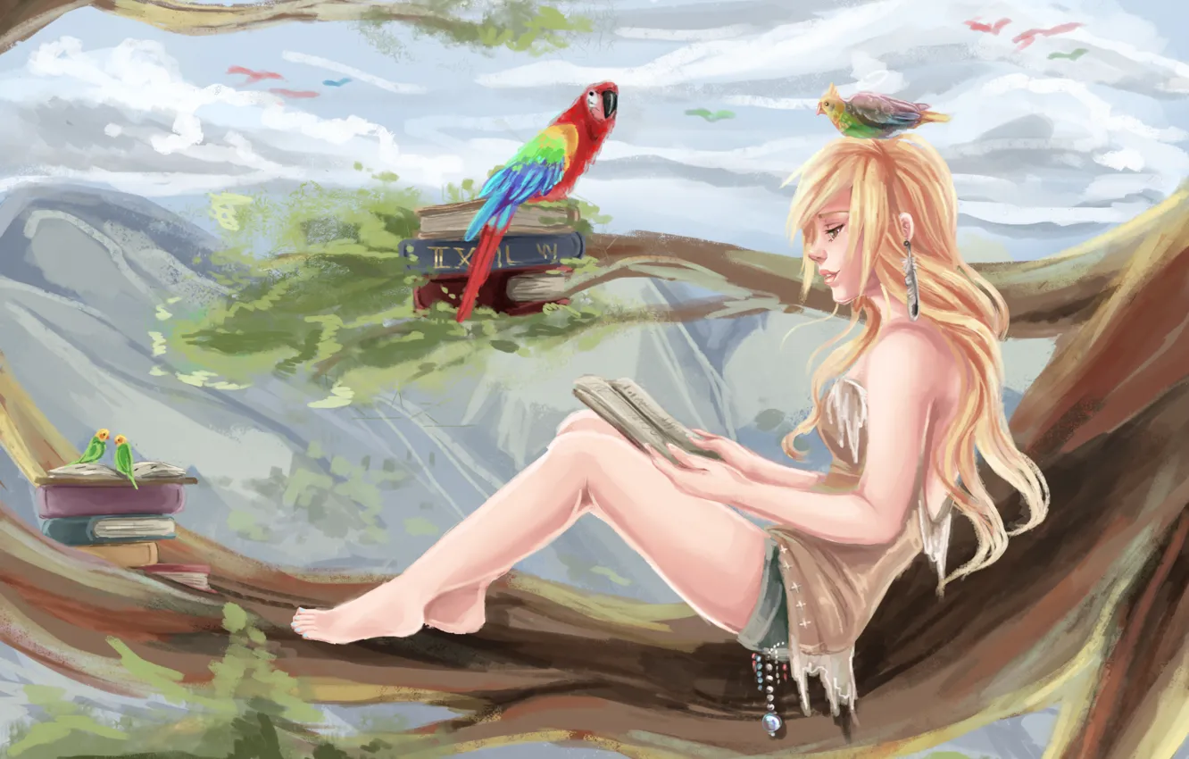 Photo wallpaper girl, birds, tree, foliage, books, branch, parrot