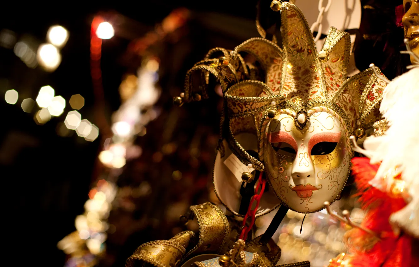 Photo wallpaper gold, mask, chains