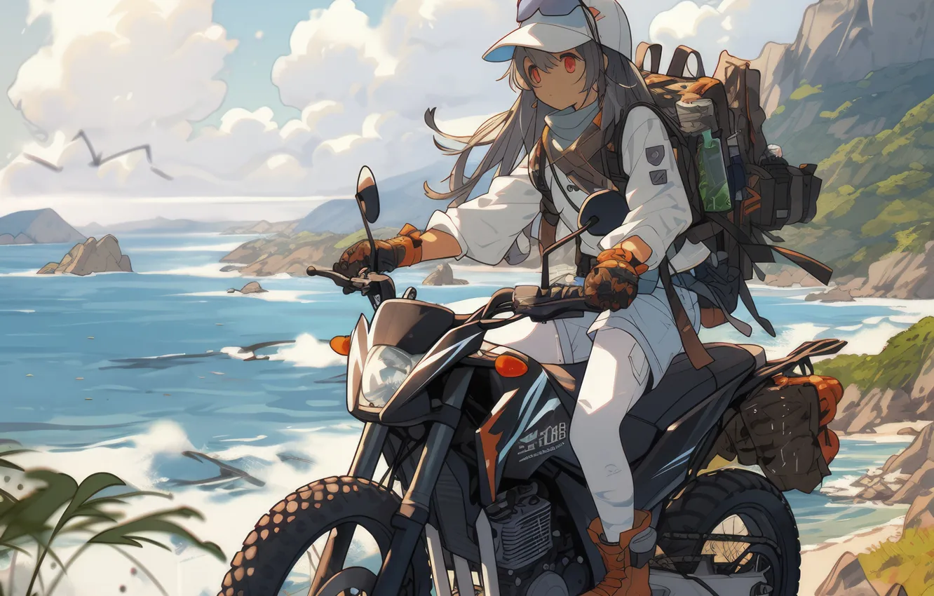 Photo wallpaper sea, girl, anime, motorcycle, digital art, AI art, The Art of Artificial Intelligence, neural network
