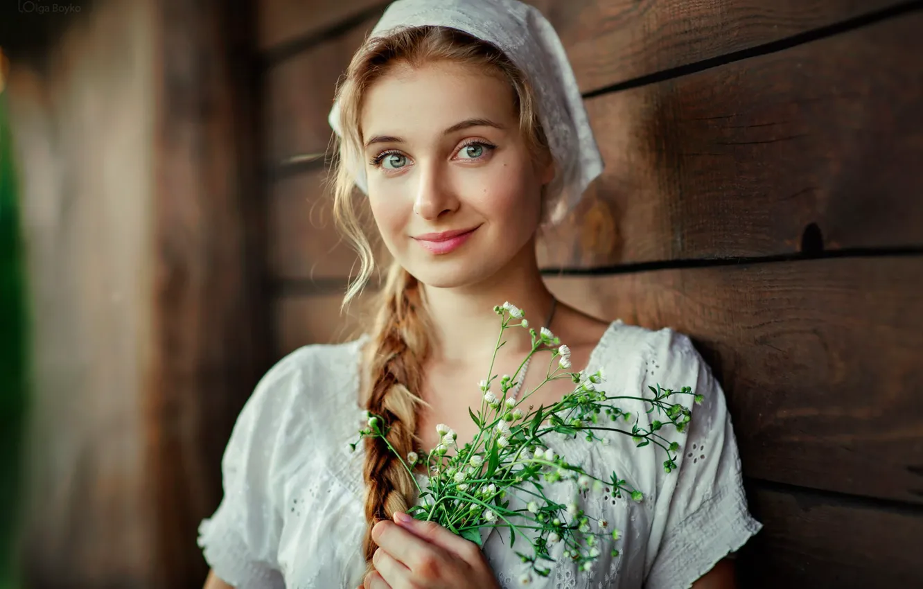 Photo wallpaper girl, green eyes, long hair, photo, flowers, model, braid, lips