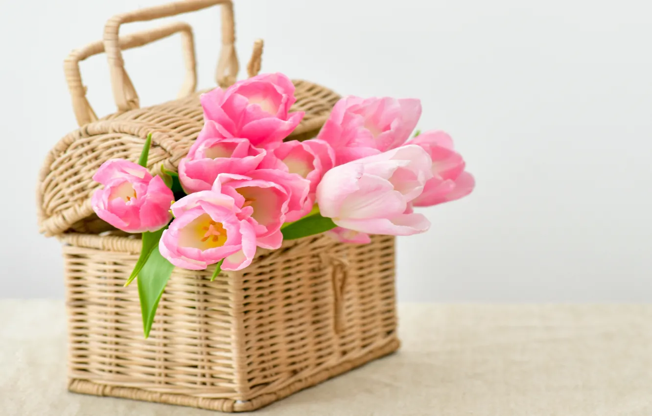 Photo wallpaper basket, tulips, pink, flowers, tulips, bouquet, basket
