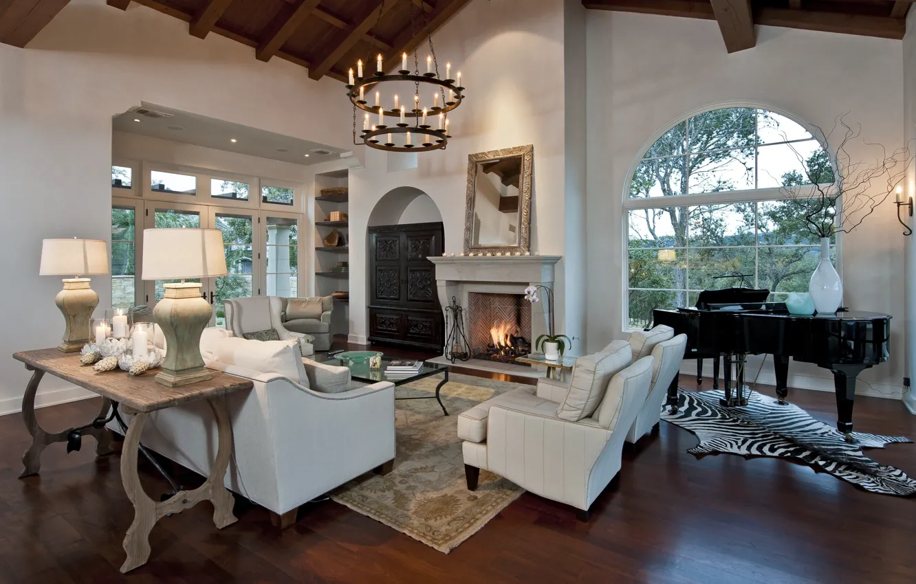 Photo wallpaper design, Villa, interior, piano, fireplace, living room, colonial style