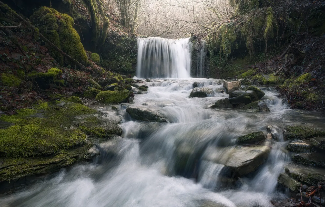 Photo wallpaper rocks, waterfall, stream