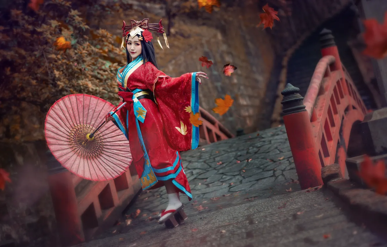 Photo wallpaper autumn, look, girl, red, face, style, background, dance