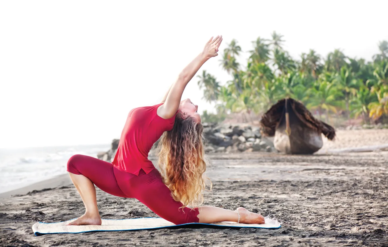 Photo wallpaper red, beach, pose, relaxation, Yoga girl