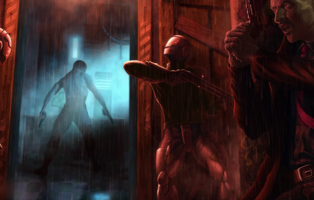 Photo wallpaper weapons, rain, art, male, armor, enemies