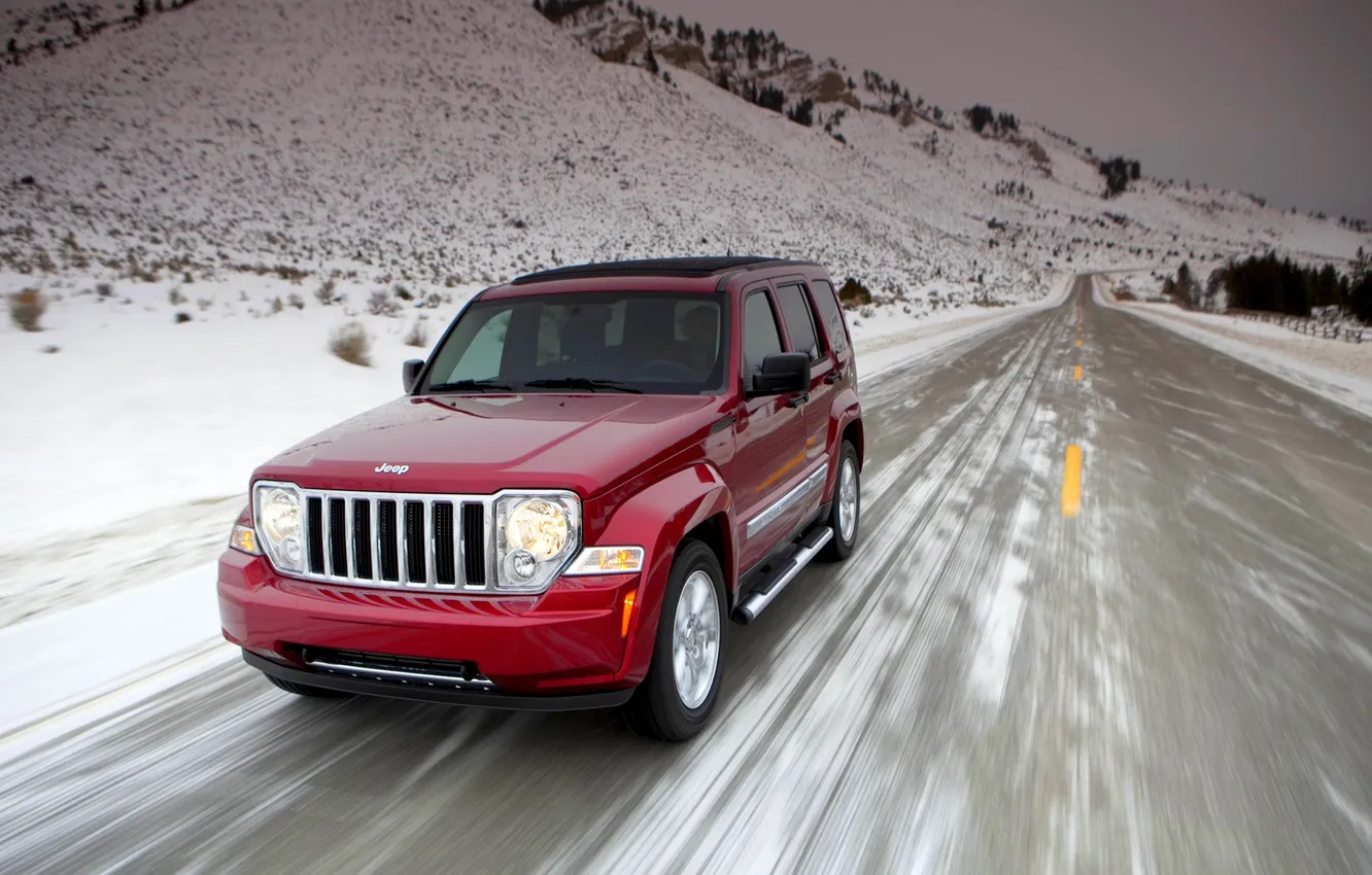 Photo wallpaper Red, Winter, Road, Snow, Lights, SUV, Jeep, The front